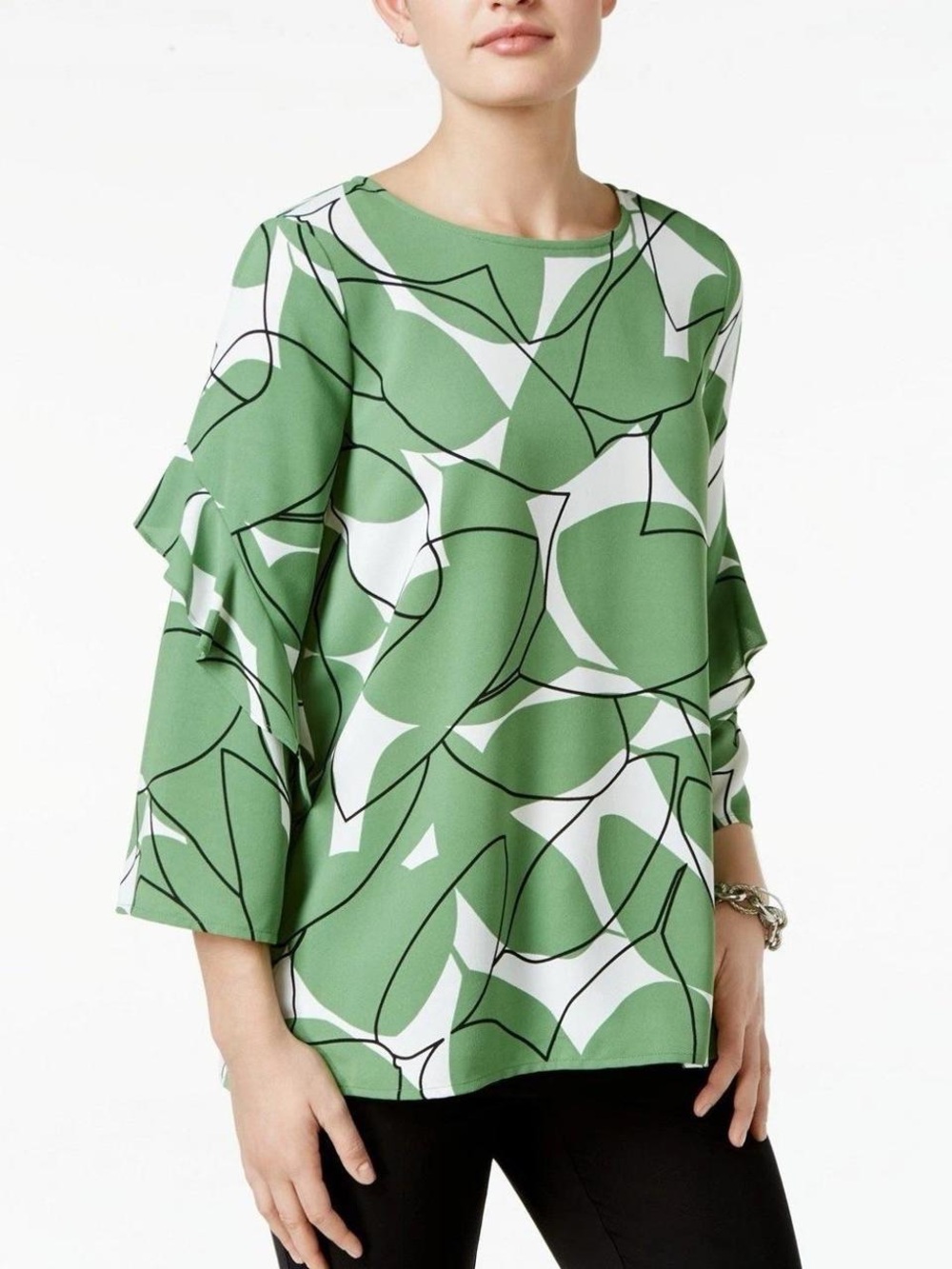 Alfani Green White Abstract Ruffle-Sleeve Blouse